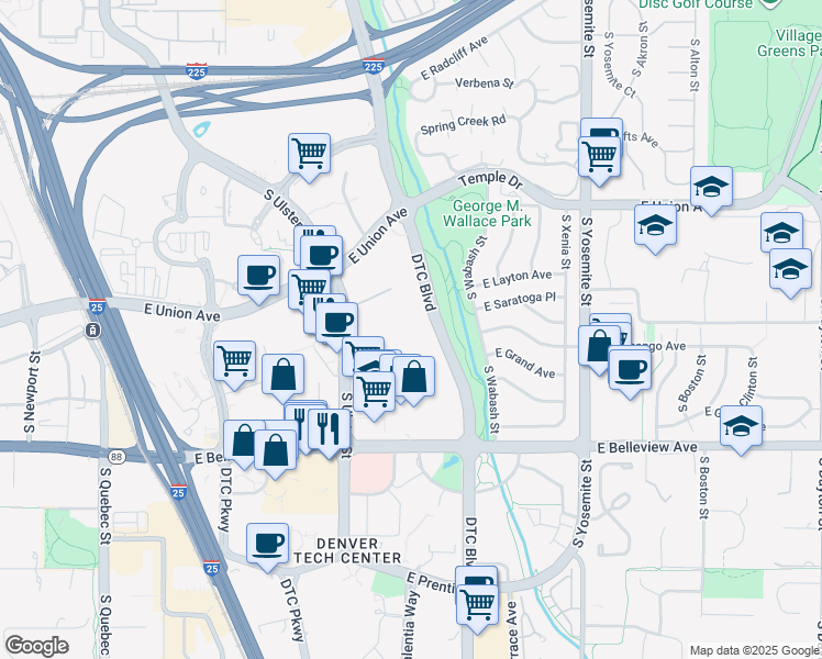 map of restaurants, bars, coffee shops, grocery stores, and more near 4900 South Ulster Street in Denver