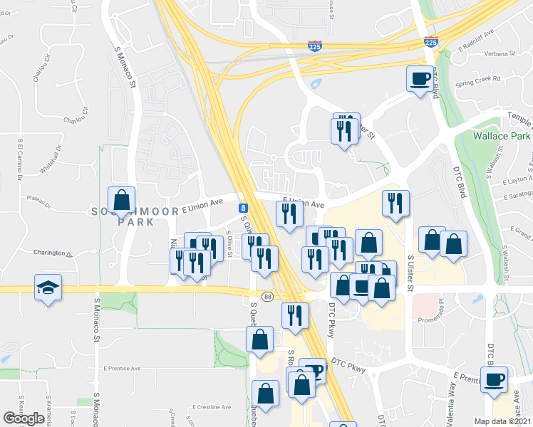 map of restaurants, bars, coffee shops, grocery stores, and more near Dtc Pkwy in Denver