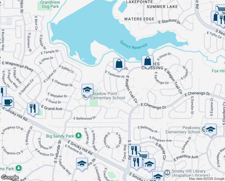map of restaurants, bars, coffee shops, grocery stores, and more near 18358 East Layton Place in Aurora