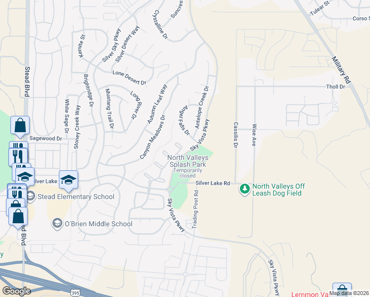 map of restaurants, bars, coffee shops, grocery stores, and more near 5 Sky Vista Parkway in Reno