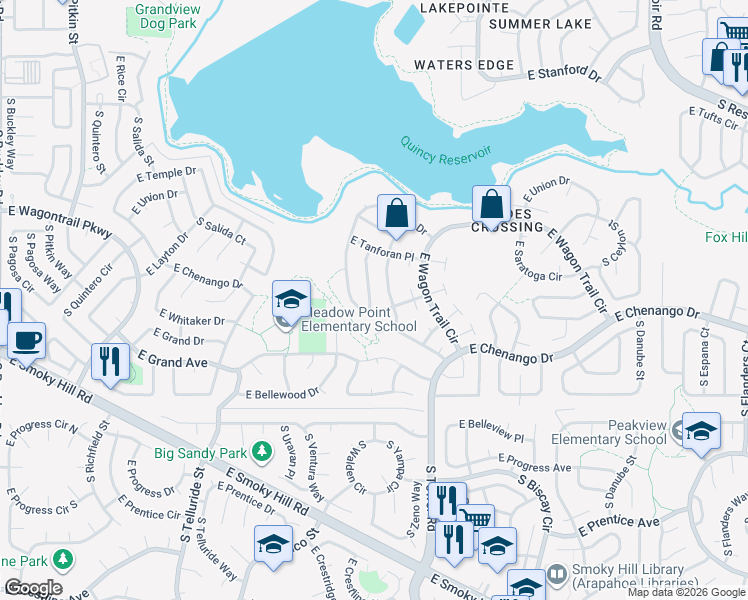 map of restaurants, bars, coffee shops, grocery stores, and more near 18358 East Layton Place in Aurora