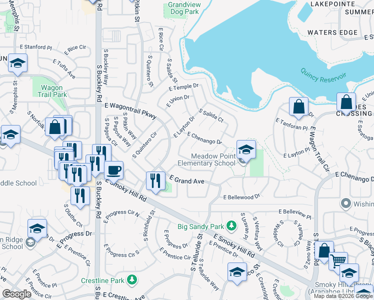 map of restaurants, bars, coffee shops, grocery stores, and more near 17490 East Whitaker Drive in Aurora