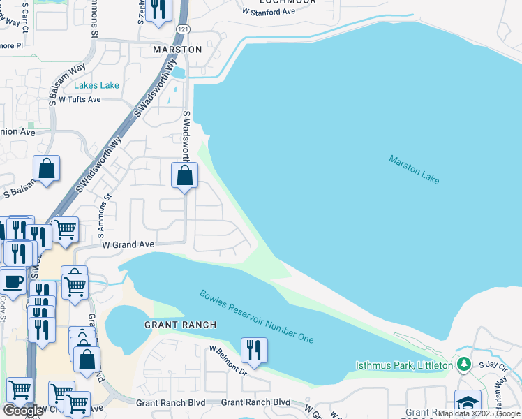 map of restaurants, bars, coffee shops, grocery stores, and more near 7423 West Layton Way in Littleton