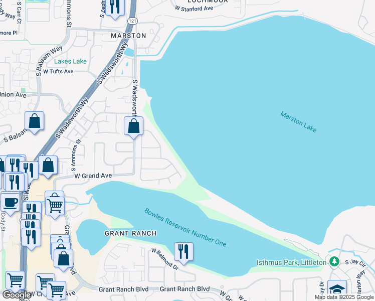 map of restaurants, bars, coffee shops, grocery stores, and more near 7423 West Layton Way in Littleton