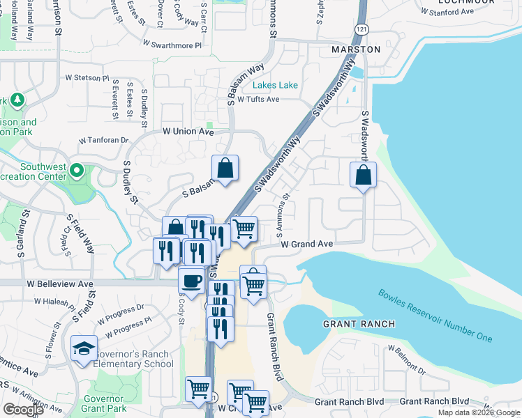 map of restaurants, bars, coffee shops, grocery stores, and more near 8145 West Grand Avenue in Littleton