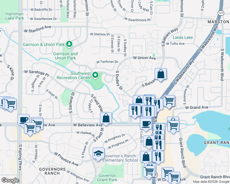 map of restaurants, bars, coffee shops, grocery stores, and more near 4900 South Field Court in Denver