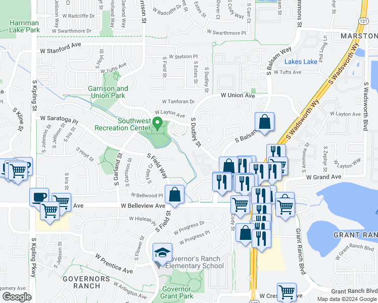 map of restaurants, bars, coffee shops, grocery stores, and more near 4900 South Field Court in Denver