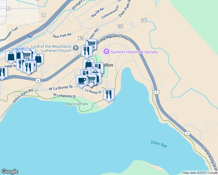 map of restaurants, bars, coffee shops, grocery stores, and more near 300 Marina Drive in Dillon