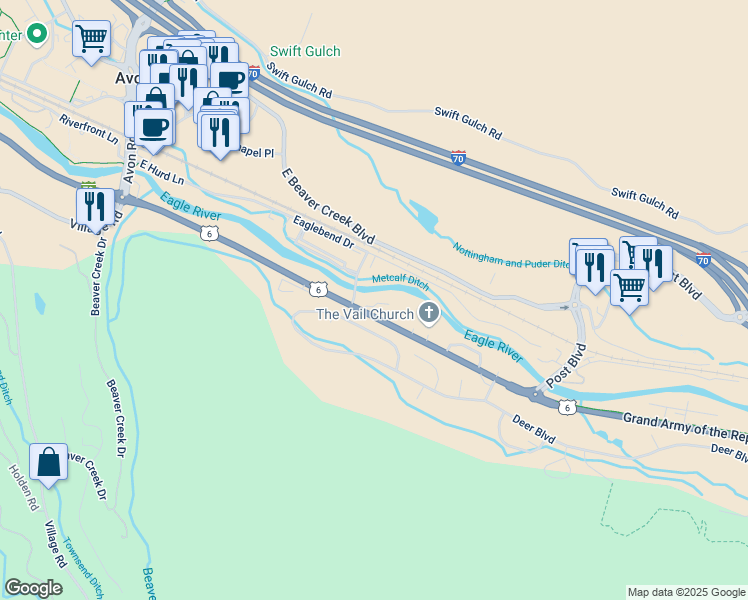 map of restaurants, bars, coffee shops, grocery stores, and more near 1608 Deer Boulevard in Avon