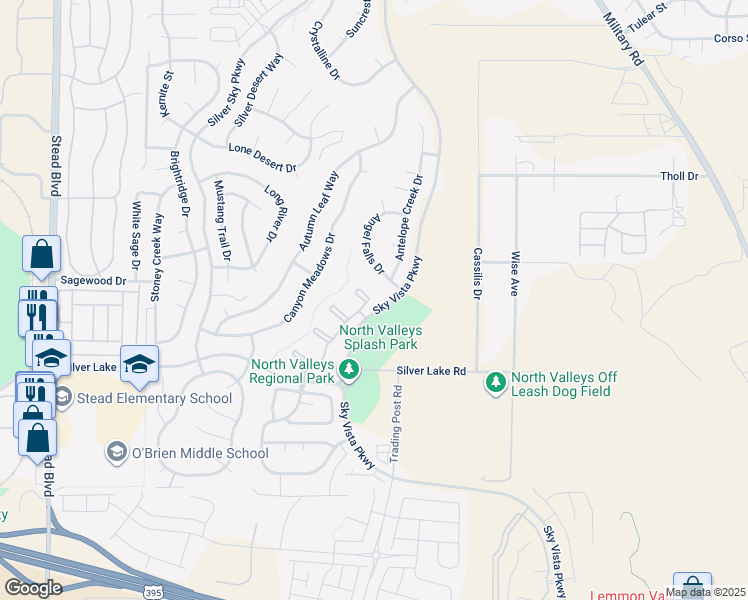 map of restaurants, bars, coffee shops, grocery stores, and more near 5 Sky Vista Parkway in Reno