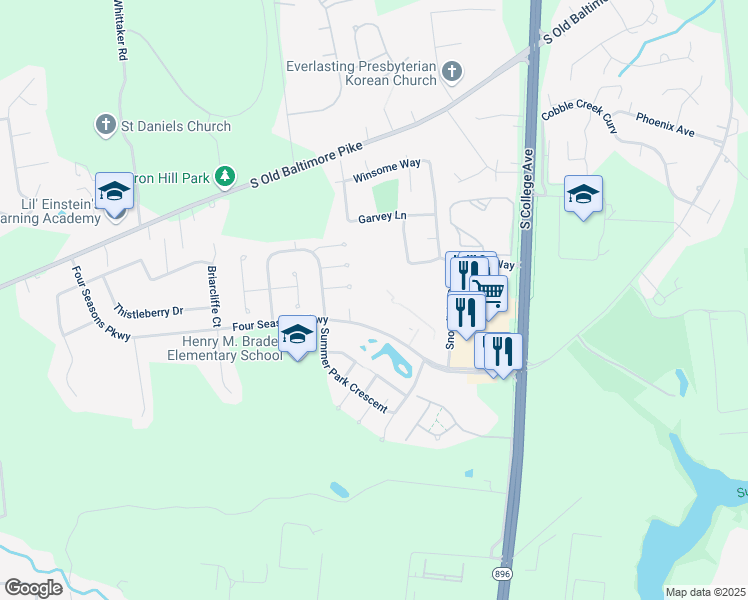 map of restaurants, bars, coffee shops, grocery stores, and more near 6600 Winterhaven Drive in Newark