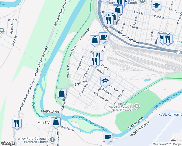 map of restaurants, bars, coffee shops, grocery stores, and more near 1119 Virginia Avenue in Cumberland