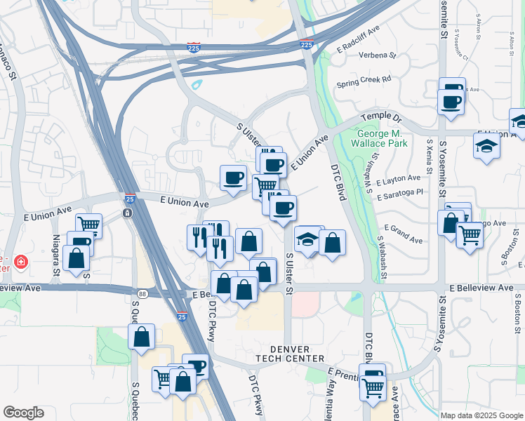 map of restaurants, bars, coffee shops, grocery stores, and more near 5001 South Ulster Street in Denver