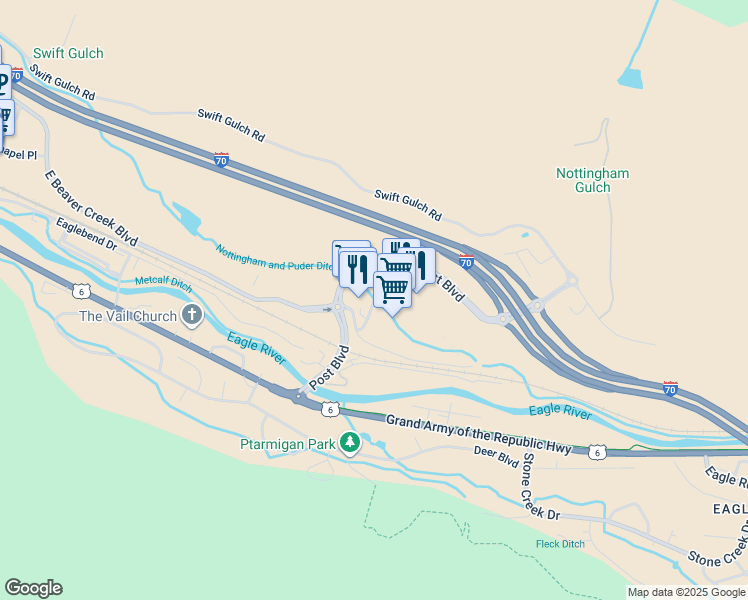 map of restaurants, bars, coffee shops, grocery stores, and more near Fawcett Road in Avon