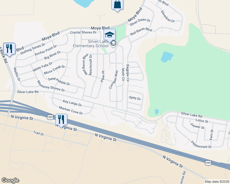 map of restaurants, bars, coffee shops, grocery stores, and more near 8500 Red Baron Boulevard in Reno