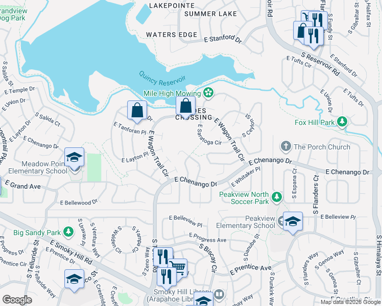 map of restaurants, bars, coffee shops, grocery stores, and more near 4822 South Bahama Way in Aurora