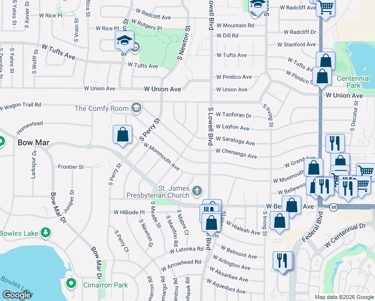 map of restaurants, bars, coffee shops, grocery stores, and more near 3839 West Chenango Avenue in Littleton