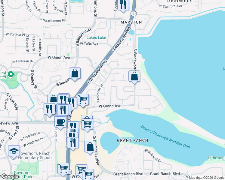 map of restaurants, bars, coffee shops, grocery stores, and more near 7917 West Layton Way in Littleton