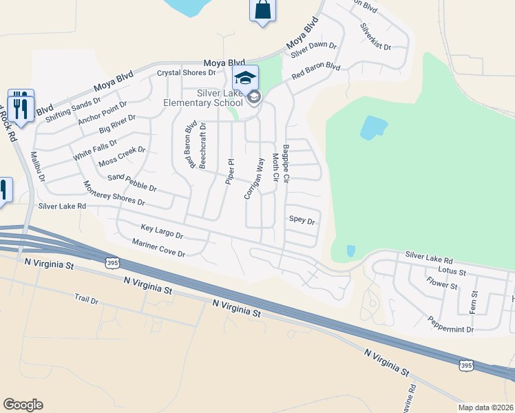 map of restaurants, bars, coffee shops, grocery stores, and more near 8500 Red Baron Boulevard in Reno