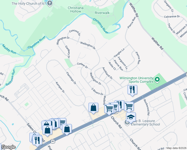 map of restaurants, bars, coffee shops, grocery stores, and more near 115 Auckland Drive in Newark