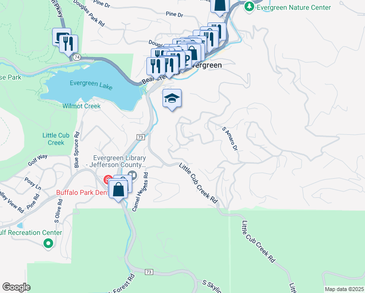 map of restaurants, bars, coffee shops, grocery stores, and more near 4850 Forest Hill Road in Evergreen