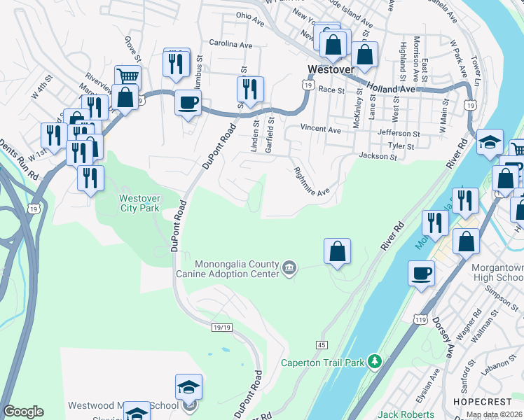 map of restaurants, bars, coffee shops, grocery stores, and more near 125 Auburn Drive in Morgantown