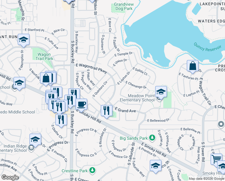 map of restaurants, bars, coffee shops, grocery stores, and more near 17296 East Wagontrail Parkway in Aurora