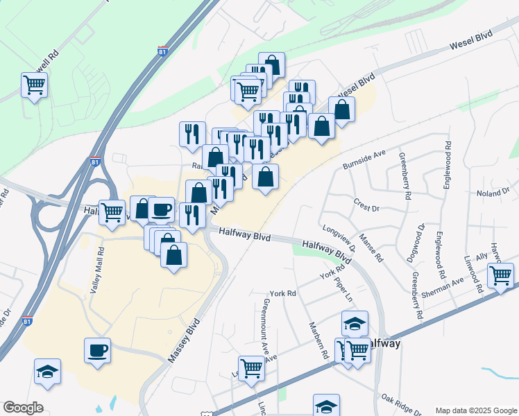map of restaurants, bars, coffee shops, grocery stores, and more near 1713 Massey Boulevard in Hagerstown