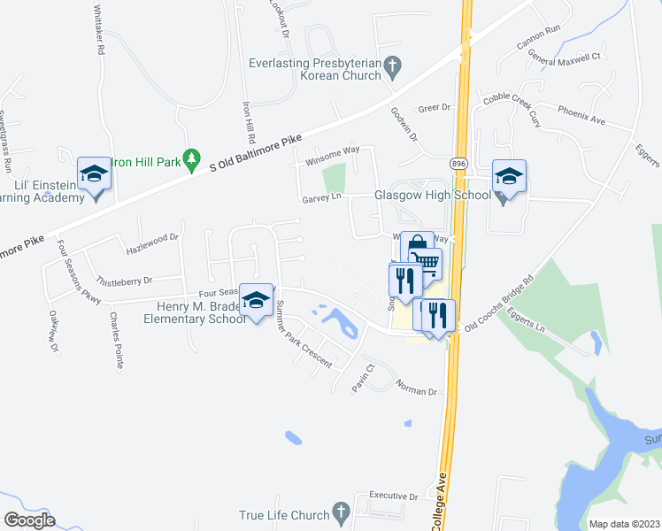 map of restaurants, bars, coffee shops, grocery stores, and more near 6101 Winterhaven Drive in Newark
