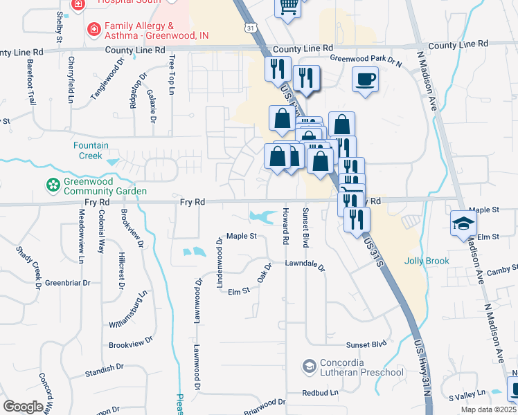 map of restaurants, bars, coffee shops, grocery stores, and more near 910 Fry Road in Greenwood