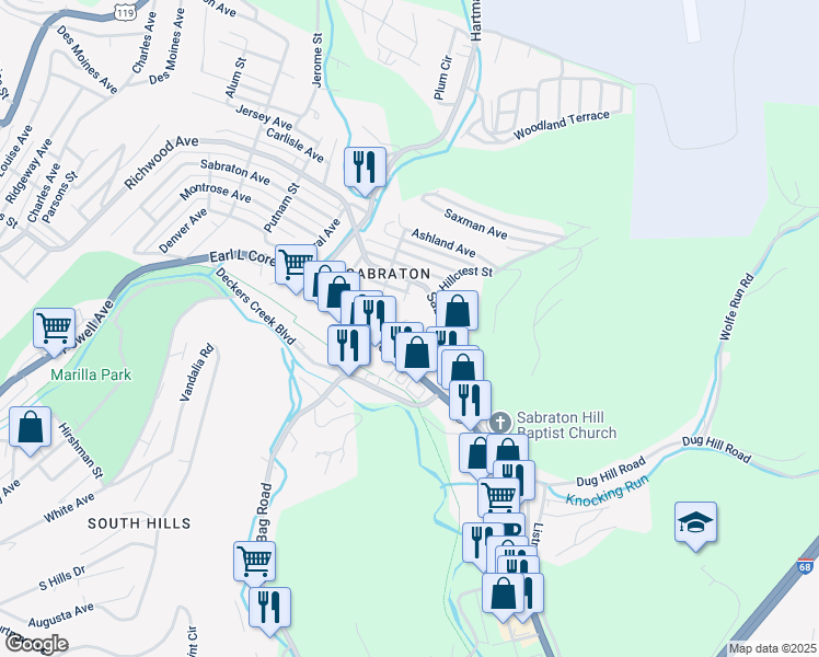 map of restaurants, bars, coffee shops, grocery stores, and more near 34 Sterling Drive in Morgantown