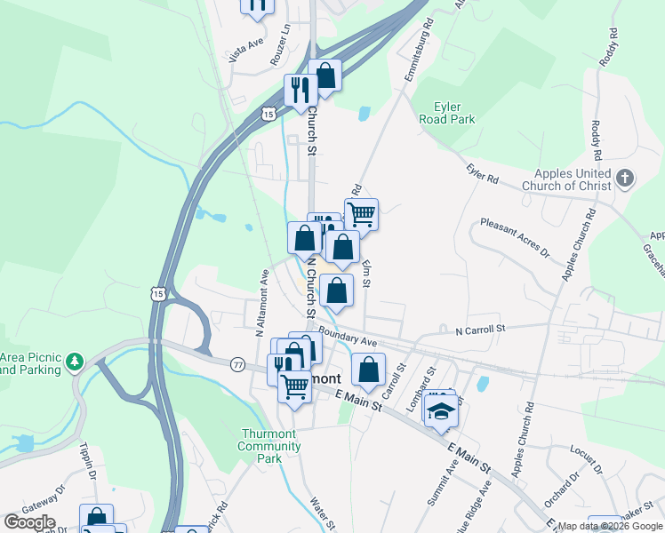 map of restaurants, bars, coffee shops, grocery stores, and more near 99 Elm Street in Thurmont