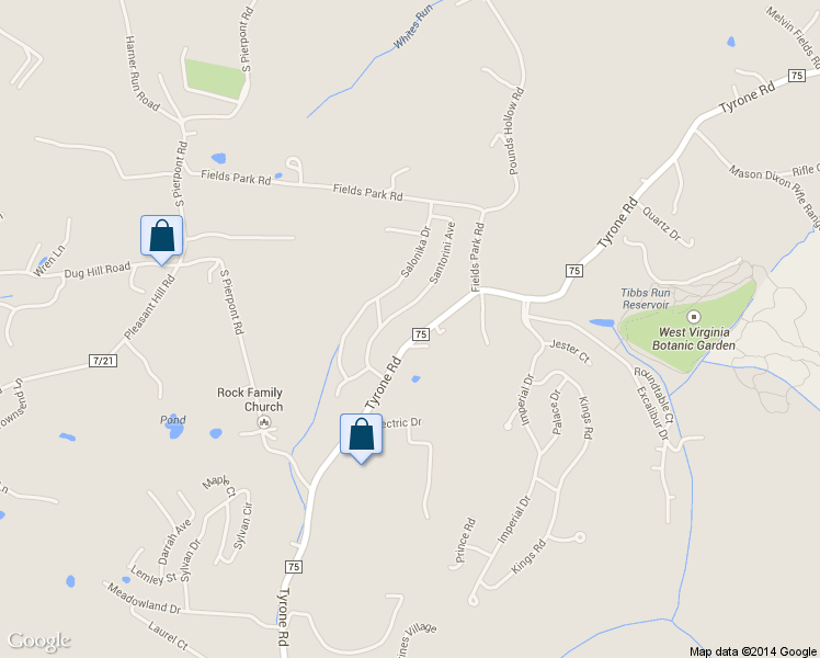 map of restaurants, bars, coffee shops, grocery stores, and more near 1270 Tyrone Road in Morgantown