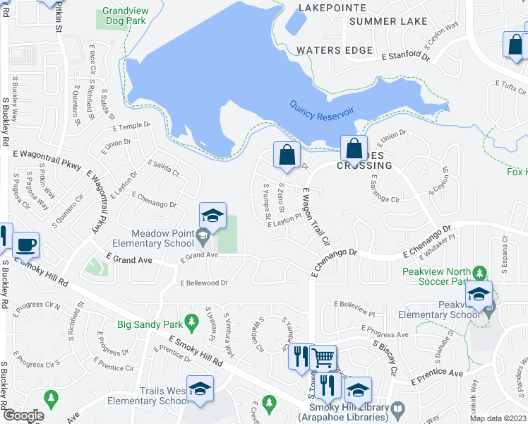 map of restaurants, bars, coffee shops, grocery stores, and more near 4783 South Yampa Street in Aurora