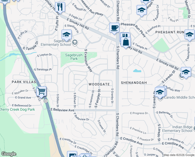 map of restaurants, bars, coffee shops, grocery stores, and more near 4784 South Evanston Way in Aurora
