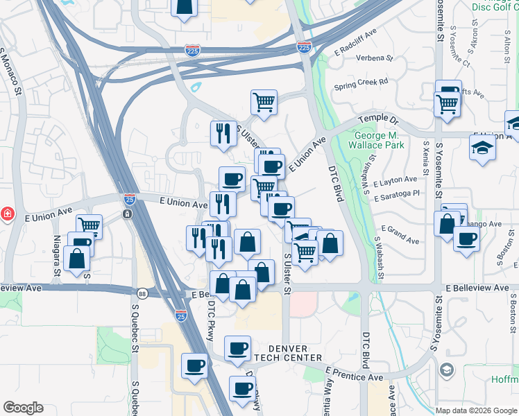 map of restaurants, bars, coffee shops, grocery stores, and more near 7950 East Union Avenue in Denver