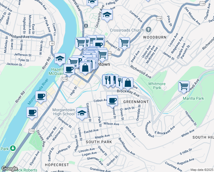 map of restaurants, bars, coffee shops, grocery stores, and more near 333 Pennsylvania Avenue in Morgantown