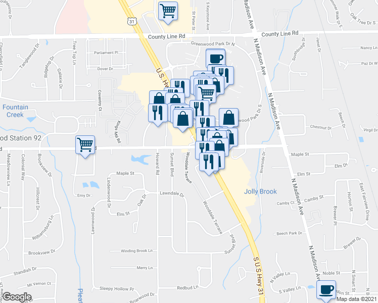 map of restaurants, bars, coffee shops, grocery stores, and more near 765 Wooddale Terrace in Greenwood