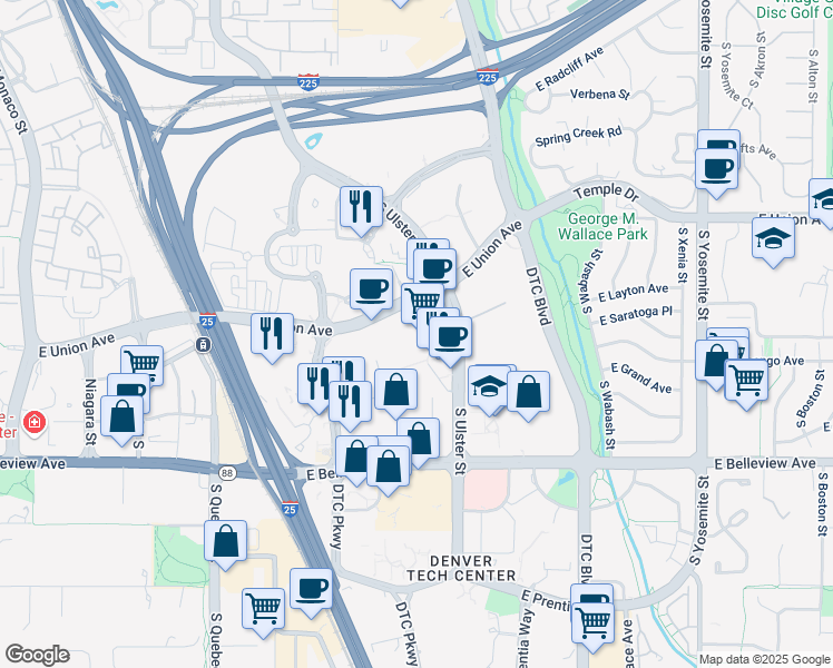 map of restaurants, bars, coffee shops, grocery stores, and more near 7900 East Union Avenue in Denver