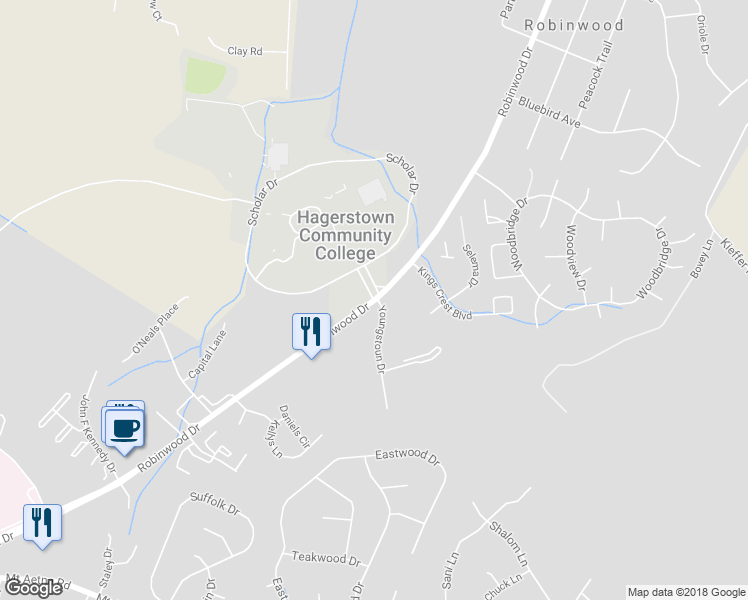 map of restaurants, bars, coffee shops, grocery stores, and more near 11402 Robinwood Drive in Hagerstown