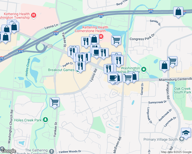 map of restaurants, bars, coffee shops, grocery stores, and more near 1116 Cambridge Station Road in Dayton