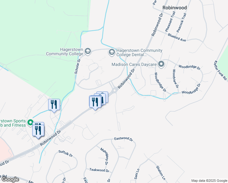map of restaurants, bars, coffee shops, grocery stores, and more near 11402 Robinwood Drive in Hagerstown