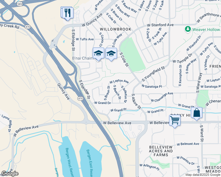 map of restaurants, bars, coffee shops, grocery stores, and more near 4804 South Braun Street in Morrison