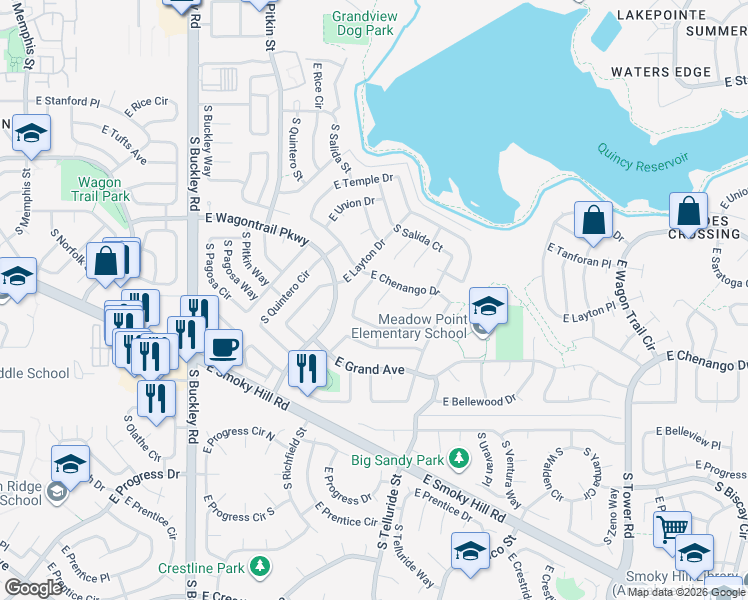 map of restaurants, bars, coffee shops, grocery stores, and more near 17410 East Whitaker Drive in Aurora