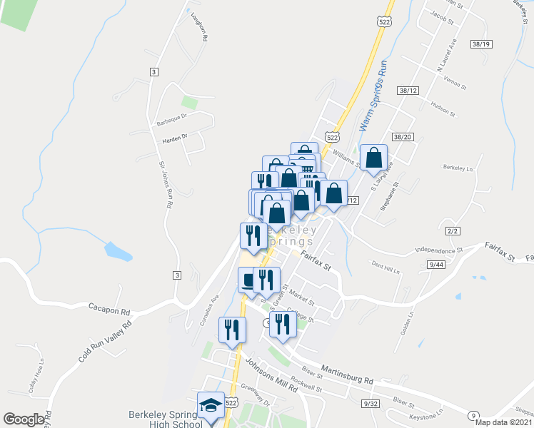 map of restaurants, bars, coffee shops, grocery stores, and more near 161 Wilkes Street in Berkeley Springs