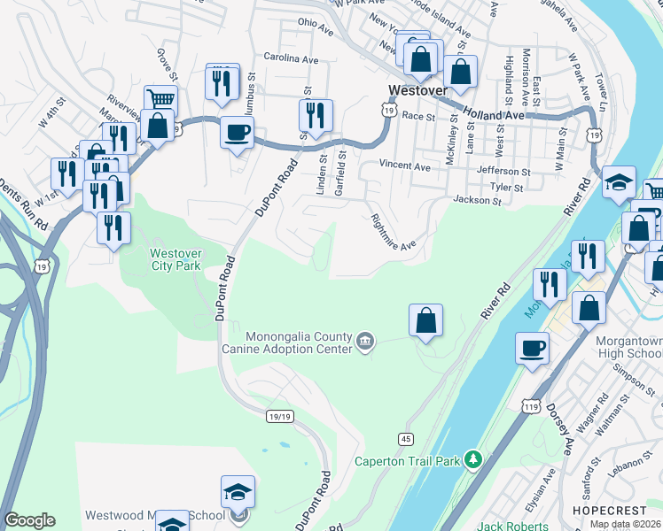 map of restaurants, bars, coffee shops, grocery stores, and more near 125 Auburn Drive in Morgantown