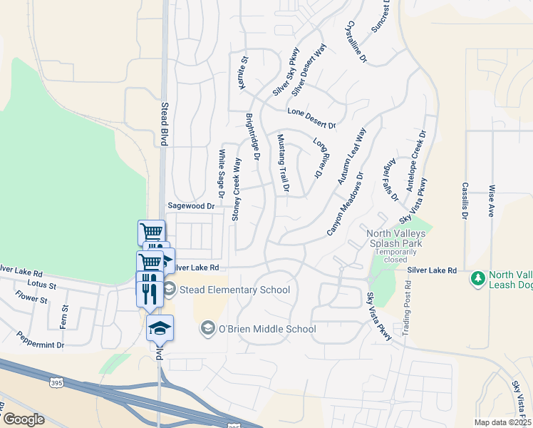 map of restaurants, bars, coffee shops, grocery stores, and more near 9290 Brightridge Drive in Reno