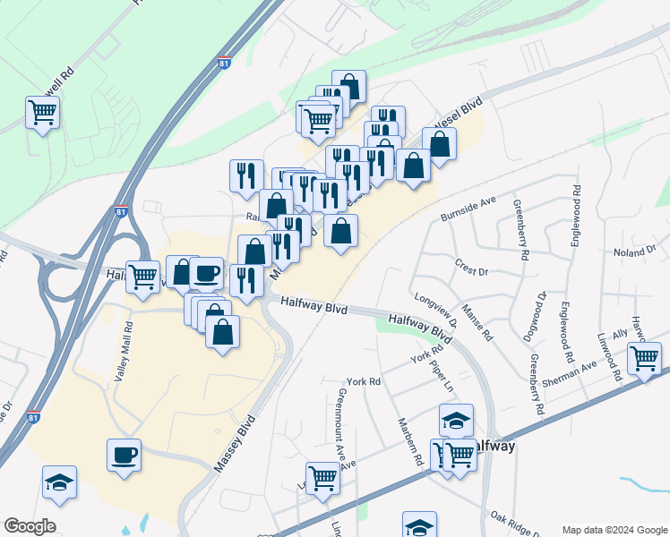 map of restaurants, bars, coffee shops, grocery stores, and more near 1713 Massey Boulevard in Hagerstown