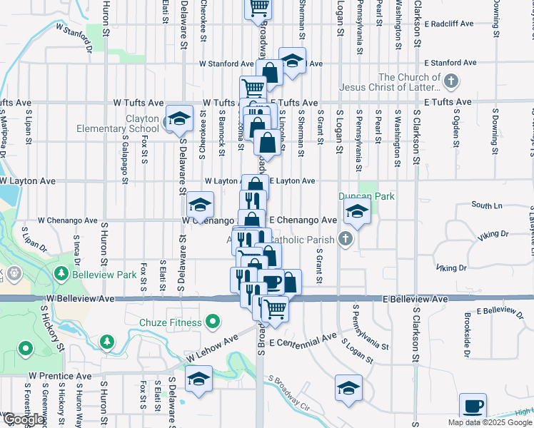 map of restaurants, bars, coffee shops, grocery stores, and more near 4857 South Broadway in Englewood
