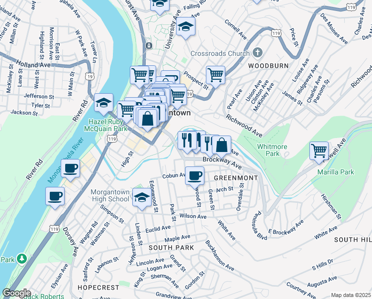 map of restaurants, bars, coffee shops, grocery stores, and more near 333 Pennsylvania Avenue in Morgantown